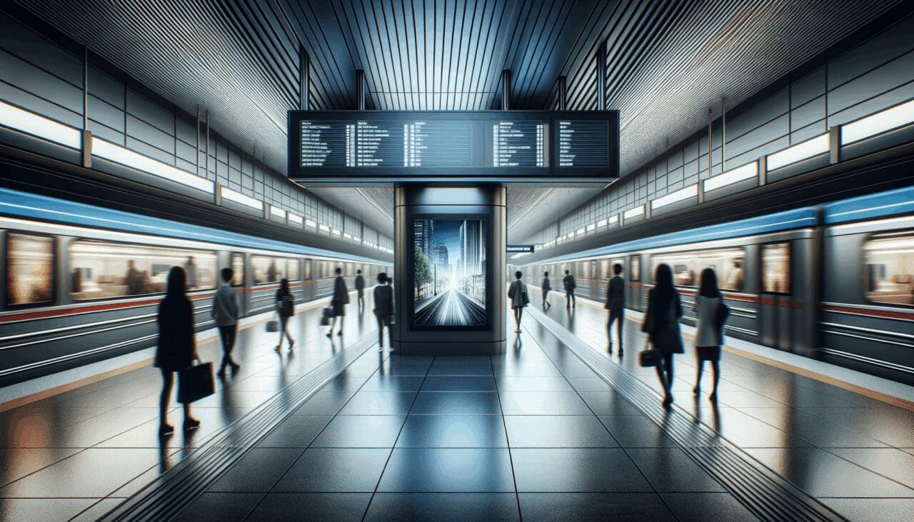 Interior moderno de una estación de metro urbana con pantallas de anuncios digitales encendidas y pasajeros transitando.
