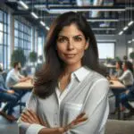 Retrato profesional de una ingeniera latina líder, fondo de oficinas tecnológicas modernas y ambiente colaborativo.