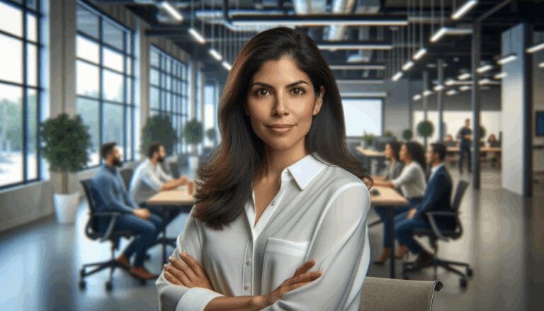 Retrato profesional de una ingeniera latina líder, fondo de oficinas tecnológicas modernas y ambiente colaborativo.