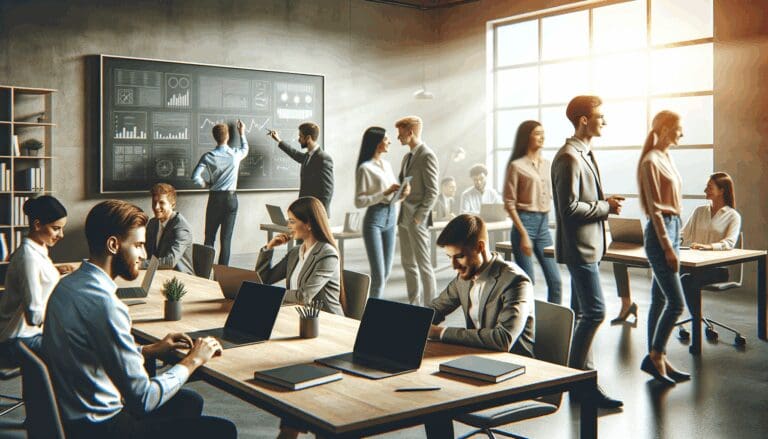 Fotografía de jóvenes profesionales colaborando en una oficina moderna llena de laptops y pizarras digitales.