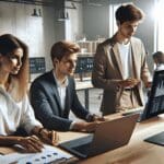 Plano medio de jóvenes profesionales colaborando en una oficina moderna con pantallas digitales y laptops encendidas.