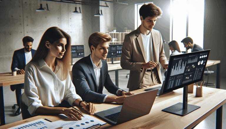 Plano medio de jóvenes profesionales colaborando en una oficina moderna con pantallas digitales y laptops encendidas.