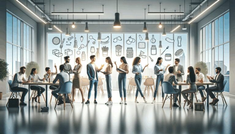 Escena en una oficina moderna donde jóvenes creativos discuten ideas sobre productos alimenticios; fondos claros y ambiente de trabajo colaborativo.
