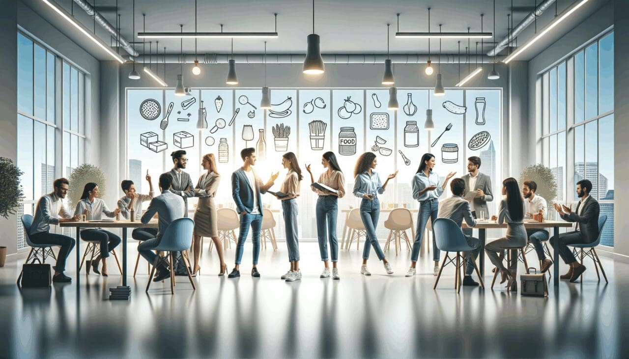 Escena en una oficina moderna donde jóvenes creativos discuten ideas sobre productos alimenticios; fondos claros y ambiente de trabajo colaborativo.