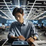 Retrato editorial de un joven empresario revisando datos en un espacio de oficina moderno, con ambiente tecnológico.