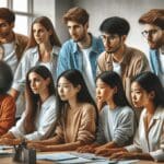 Grupo diverso de jóvenes en una oficina moderna colaborando intensamente frente a pantallas de computadora.