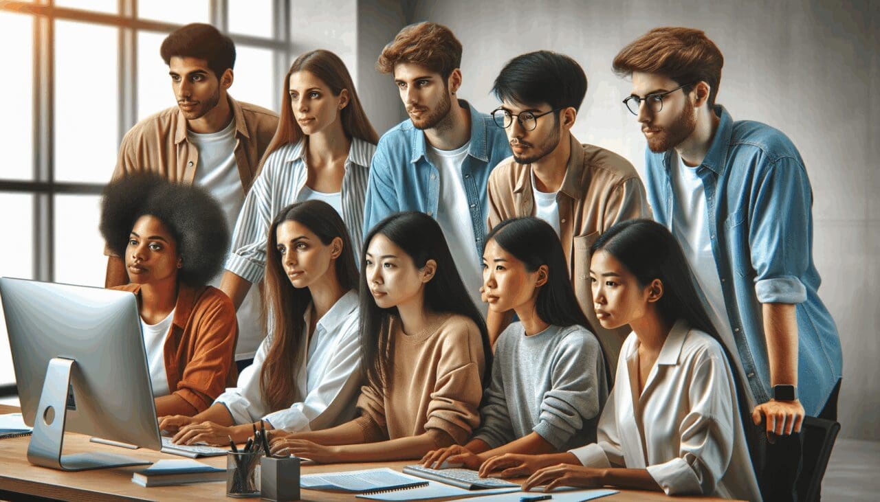 Grupo diverso de jóvenes en una oficina moderna colaborando intensamente frente a pantallas de computadora.