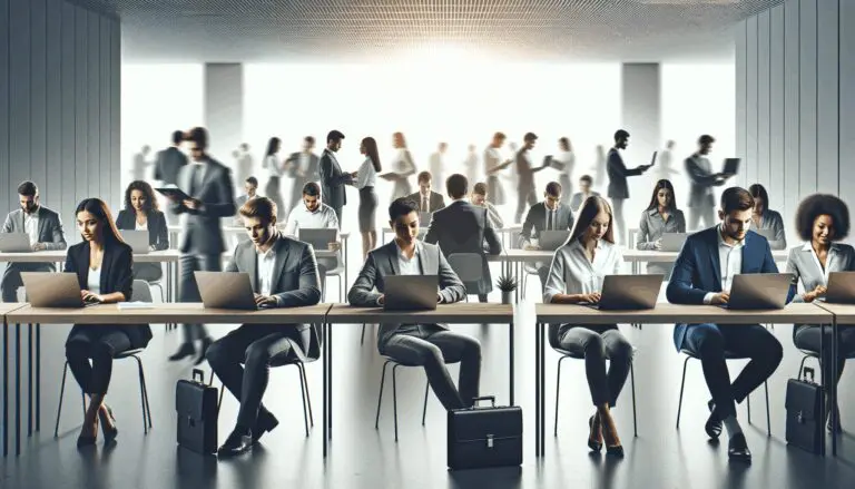 Oficina moderna con equipos de jóvenes emprendedores trabajando en computadores portátiles