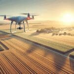 Dron volando sobre campos de cultivo al atardecer, mostrando tecnología agrícola.