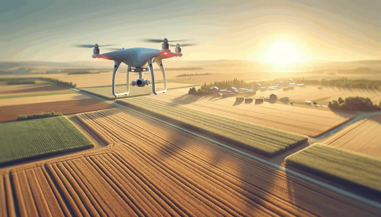 Dron volando sobre campos de cultivo al atardecer, mostrando tecnología agrícola.