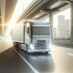 Primer plano de un camión autónomo moderno circulando por una autopista bajo luz natural, ambiente urbano de fondo.