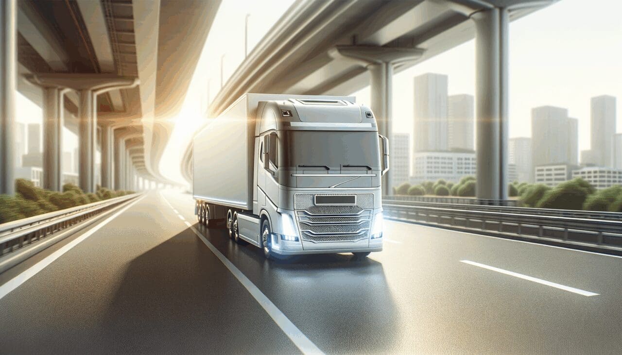 Primer plano de un camión autónomo moderno circulando por una autopista bajo luz natural, ambiente urbano de fondo.