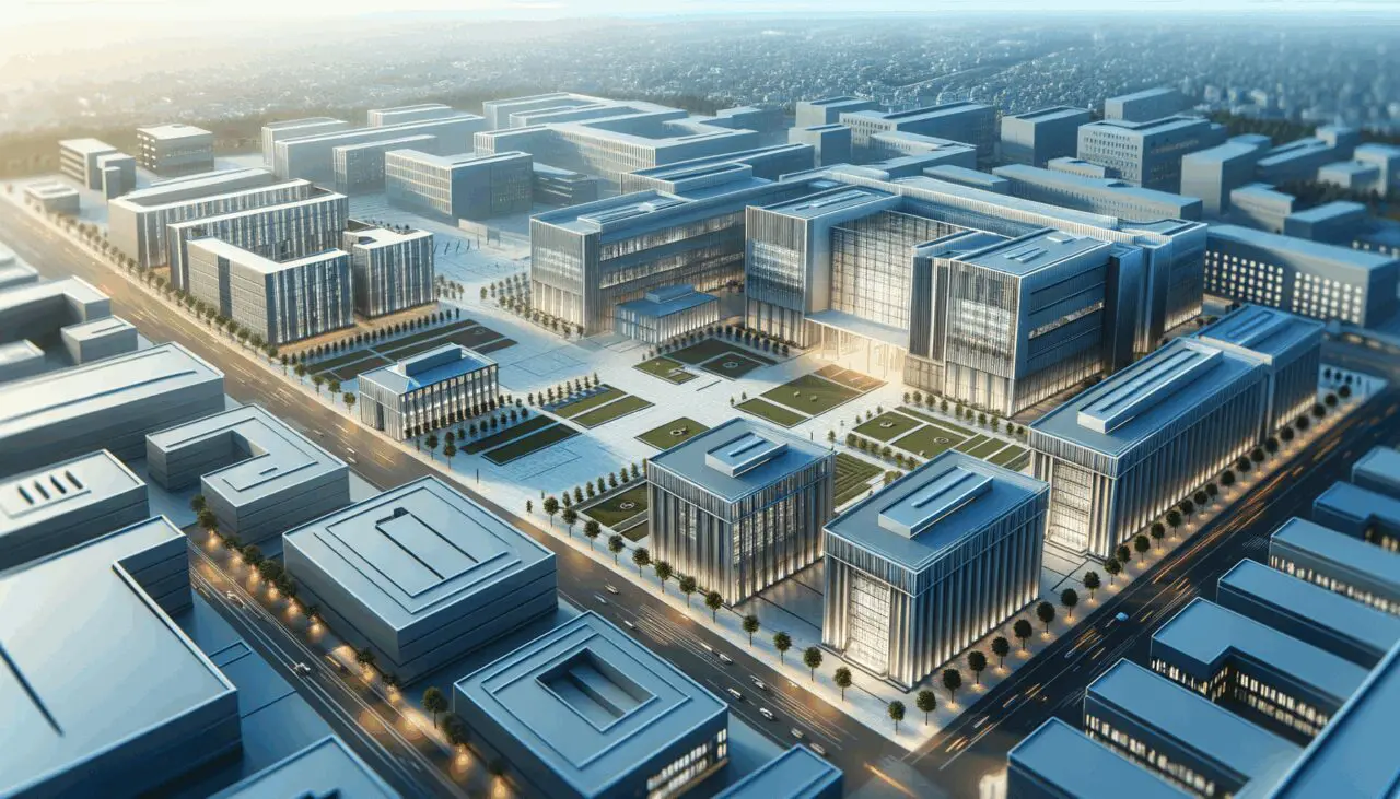 Vista aérea de un campus tecnológico con edificios modernos