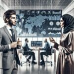 Dos empresarios dialogando en un espacio moderno con gráficos financieros y pantallas tecnológicas al fondo.