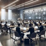 Plano medio de una sala de reuniones moderna con emprendedores latinos usando laptops y pantallas con gráficos tecnológicos.