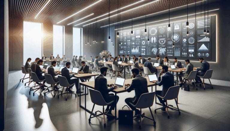 Plano medio de una sala de reuniones moderna con emprendedores latinos usando laptops y pantallas con gráficos tecnológicos.