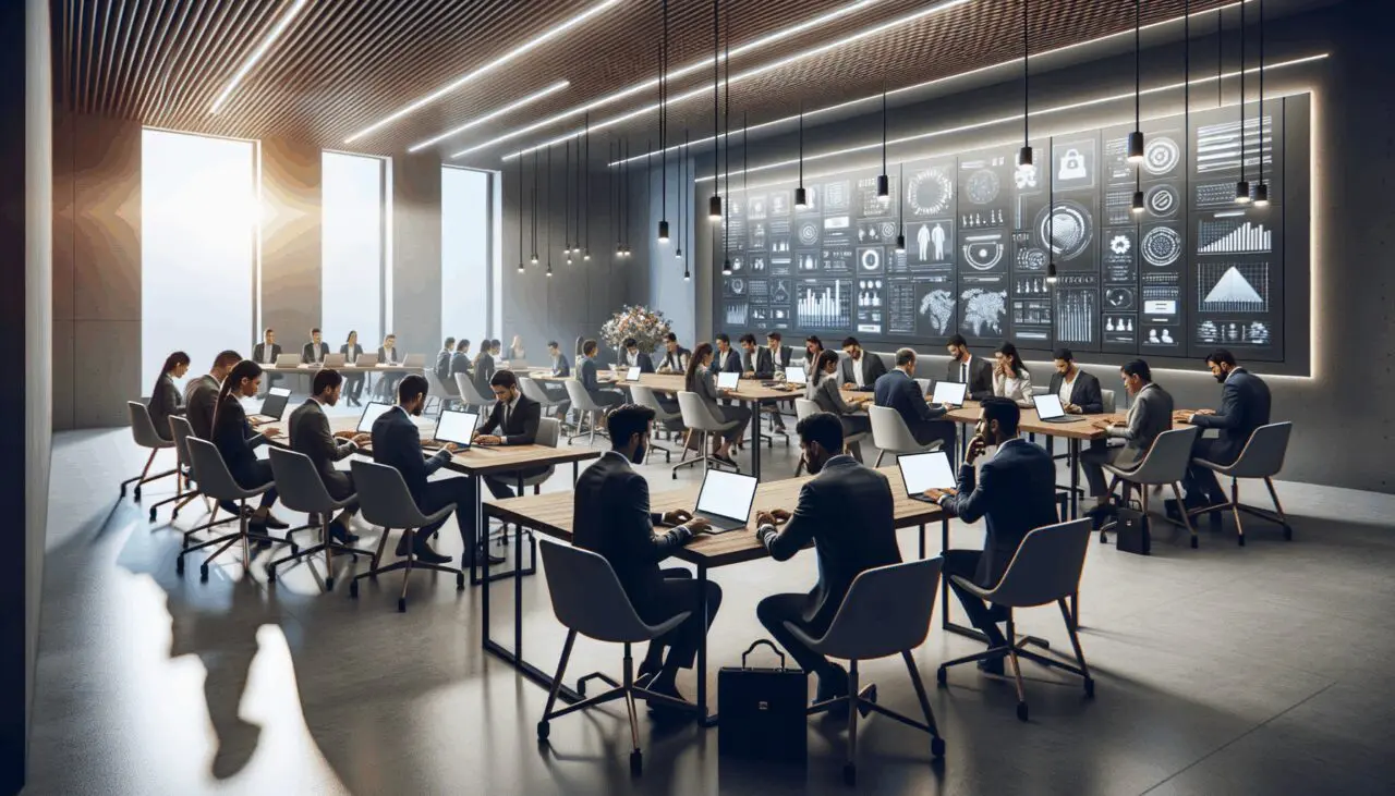 Plano medio de una sala de reuniones moderna con emprendedores latinos usando laptops y pantallas con gráficos tecnológicos.