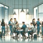 Ilustración moderna de dos equipos de startups colaborando en una oficina tecnológica.