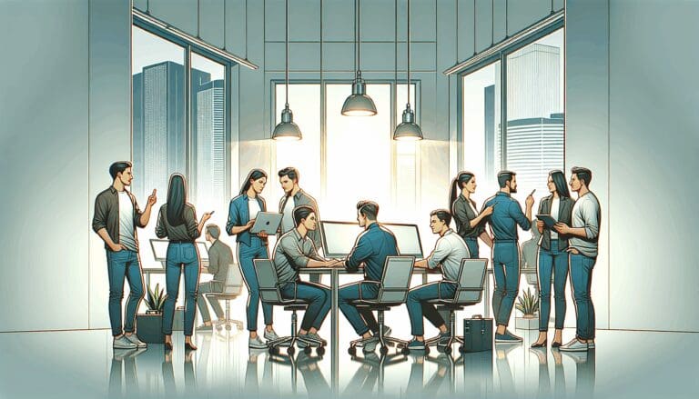 Ilustración moderna de dos equipos de startups colaborando en una oficina tecnológica.