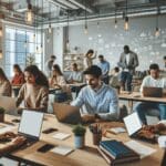 Un grupo diverso de emprendedores colaborando en un espacio de coworking moderno, con laptops y pizarras digitales.