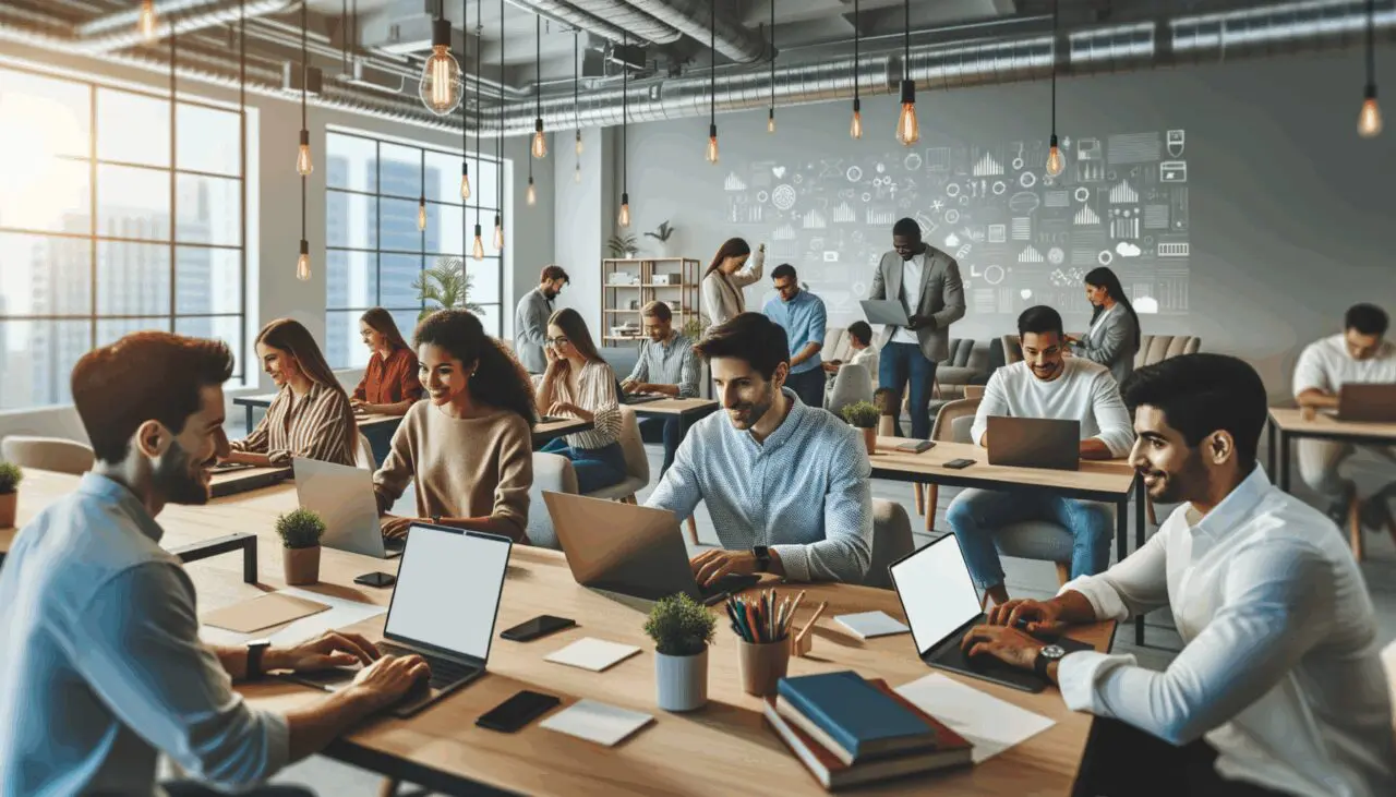 Un grupo diverso de emprendedores colaborando en un espacio de coworking moderno, con laptops y pizarras digitales.