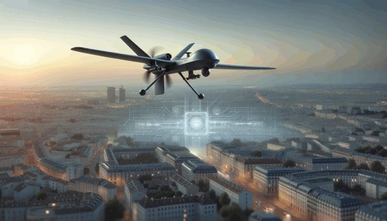 Dron militar autónomo sobrevolando un paisaje urbano europeo al atardecer, fondo tecnológico minimalista.