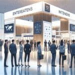 Emprendedores reunidos en un evento tecnológico internacional, con stands y ambiente moderno.