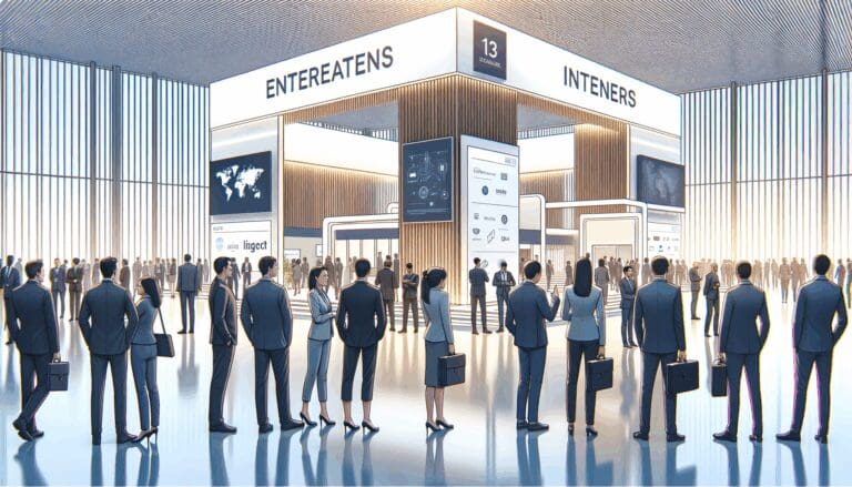 Emprendedores reunidos en un evento tecnológico internacional, con stands y ambiente moderno.