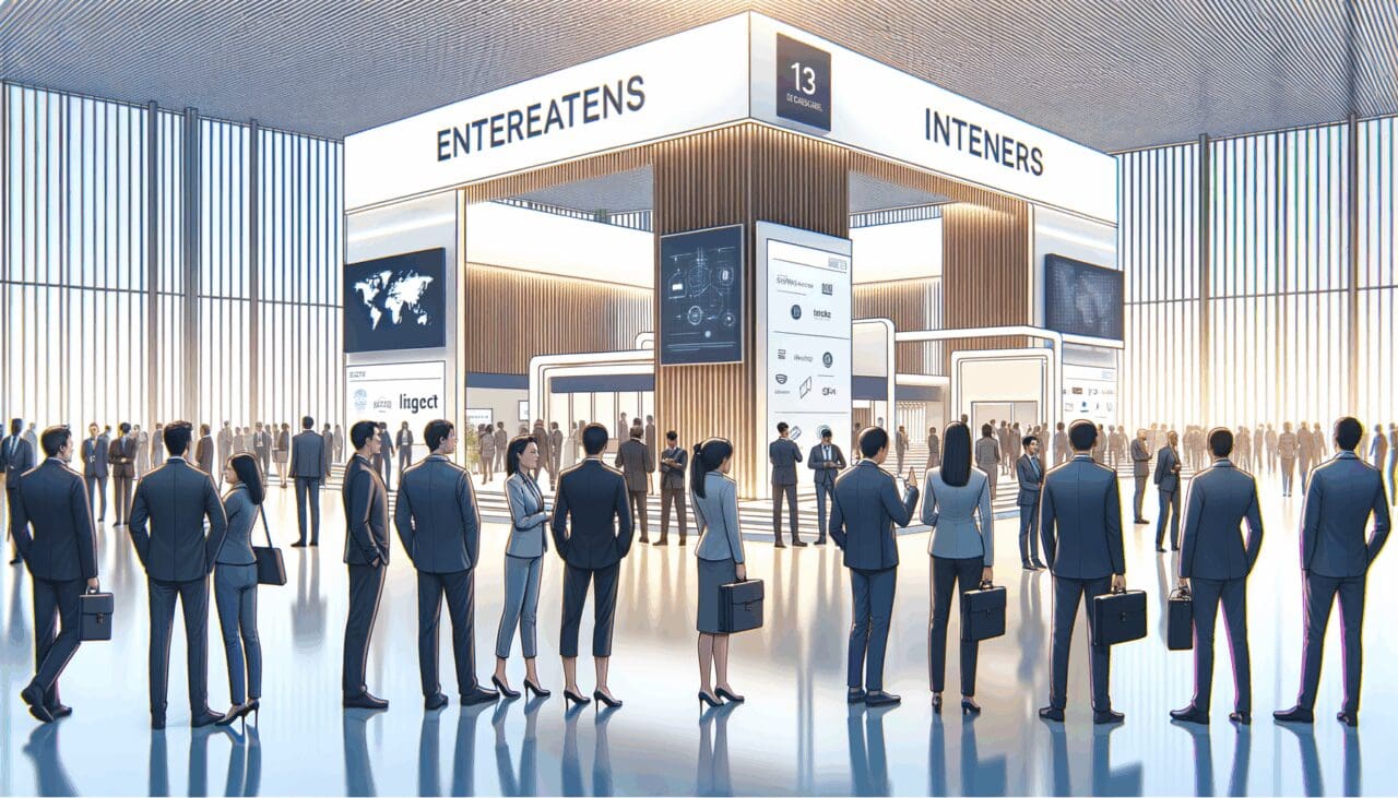 Emprendedores reunidos en un evento tecnológico internacional, con stands y ambiente moderno.