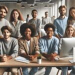 Jóvenes emprendedores colaborando en torno a computadoras en un espacio de coworking moderno.