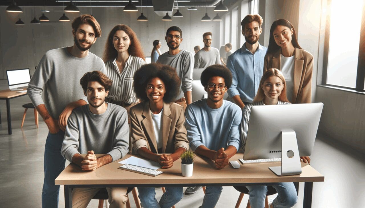 Jóvenes emprendedores colaborando en torno a computadoras en un espacio de coworking moderno.