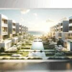 Fotografía del predio costero junto al mar, edificios modernos y áreas verdes, luz diurna, ambiente inspirador.