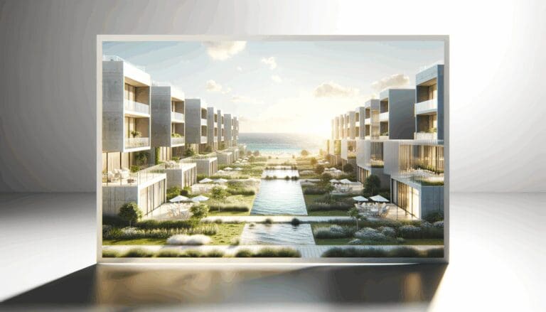 Fotografía del predio costero junto al mar, edificios modernos y áreas verdes, luz diurna, ambiente inspirador.