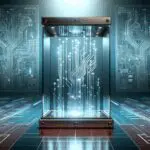 Ilustración de una urna digital transparente con circuitos y fondo en tonos azules modernos, estilo tecnológico.