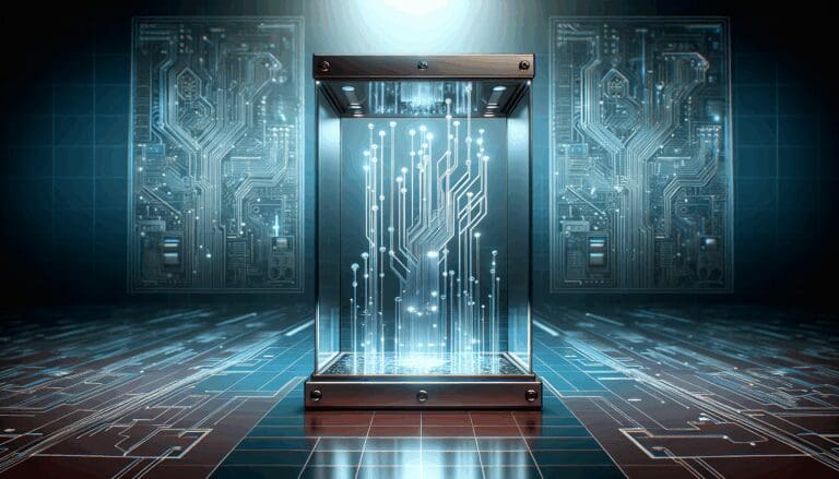 Ilustración de una urna digital transparente con circuitos y fondo en tonos azules modernos, estilo tecnológico.