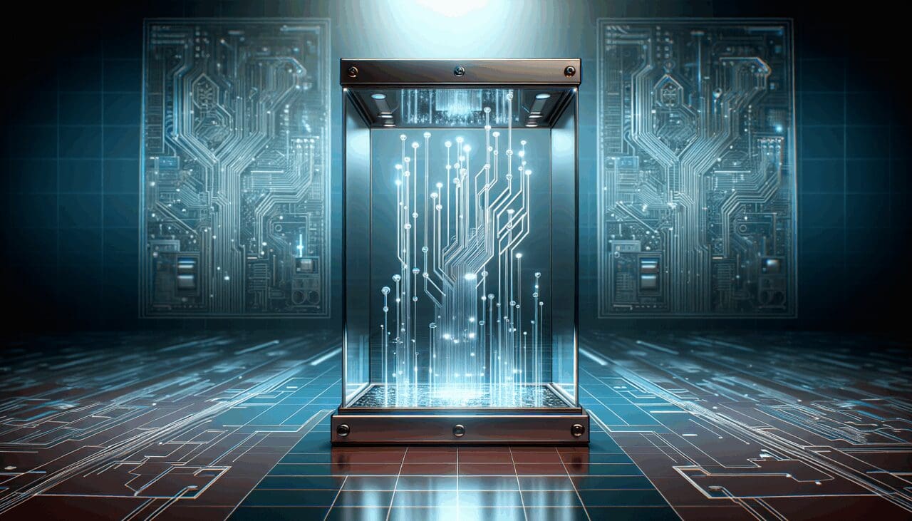 Ilustración de una urna digital transparente con circuitos y fondo en tonos azules modernos, estilo tecnológico.