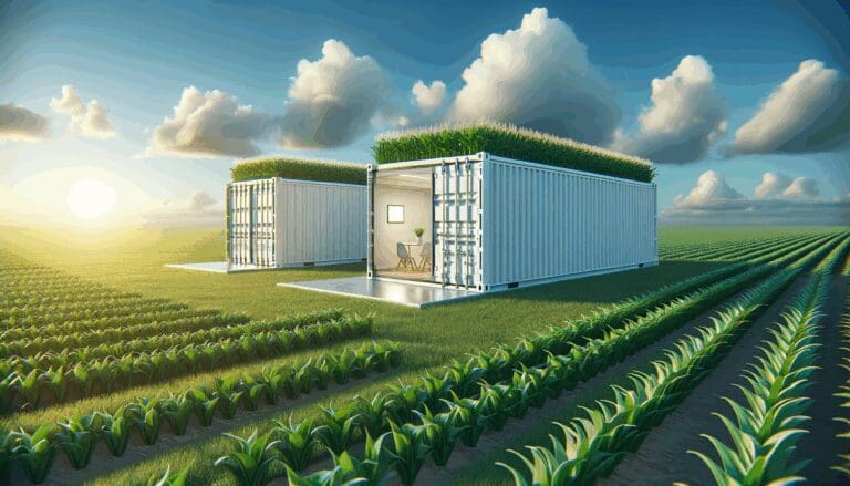 Contenedores modulares agrícolas instalados en un campo verde, cielo despejado y ambiente moderno.