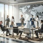 Oficinas modernas con emprendedores colaborando y pizarras digitales, en un ambiente tecnológico e internacional.