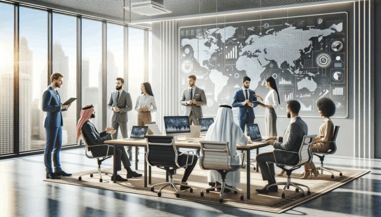 Oficinas modernas con emprendedores colaborando y pizarras digitales, en un ambiente tecnológico e internacional.