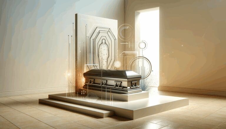 Espacio minimalista con luz natural, un ataúd moderno y elementos digitales en un entorno sereno.