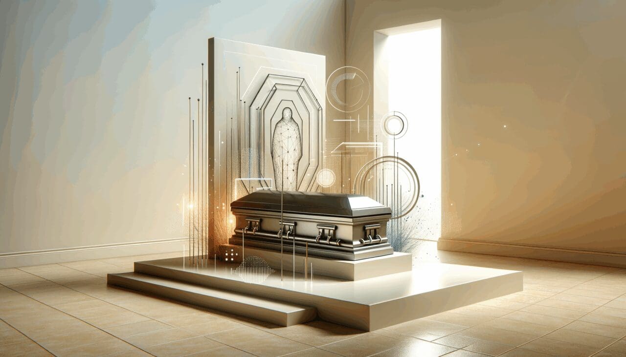 Espacio minimalista con luz natural, un ataúd moderno y elementos digitales en un entorno sereno.