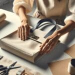 Primer plano de manos confeccionando un bolso moderno en un taller textil luminoso.