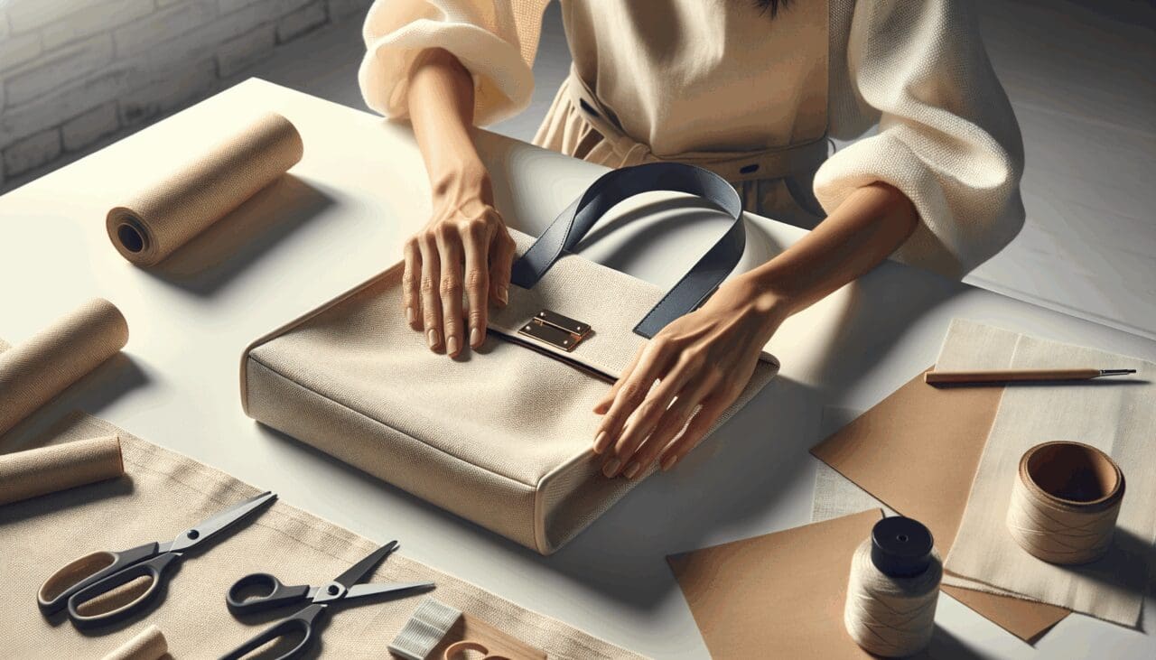 Primer plano de manos confeccionando un bolso moderno en un taller textil luminoso.