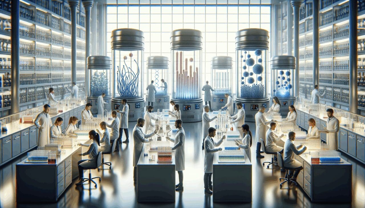Primer plano de un laboratorio tecnológico con biorreactores y científicos analizando cultivos.