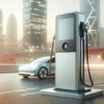 Primer plano de una estación de carga eléctrica moderna con fondo urbano desenfocado y luz natural.