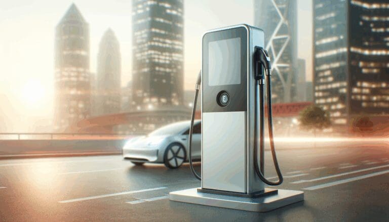 Primer plano de una estación de carga eléctrica moderna con fondo urbano desenfocado y luz natural.