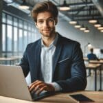 Retrato profesional de un fundador de startup usando laptop en un entorno moderno de oficina tecnológica.