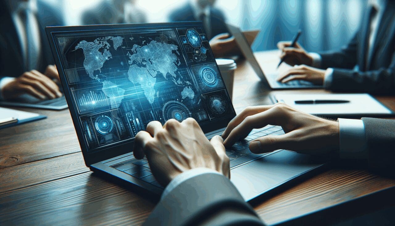 Primer plano de manos trabajando con laptops y pantallas mostrando gráficos digitales en tonos azul y negro.