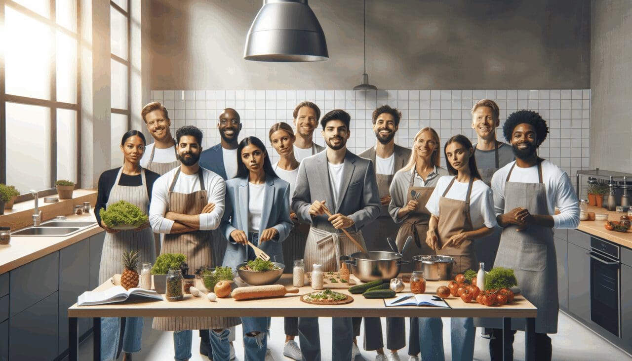 Equipo de emprendedores en una cocina moderna, preparando menús saludables en un espacio colaborativo y luminoso.