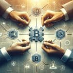 Ilustración conceptual de manos conectando piezas digitales sobre fondo tecnológico, representando innovación en startups cripto.